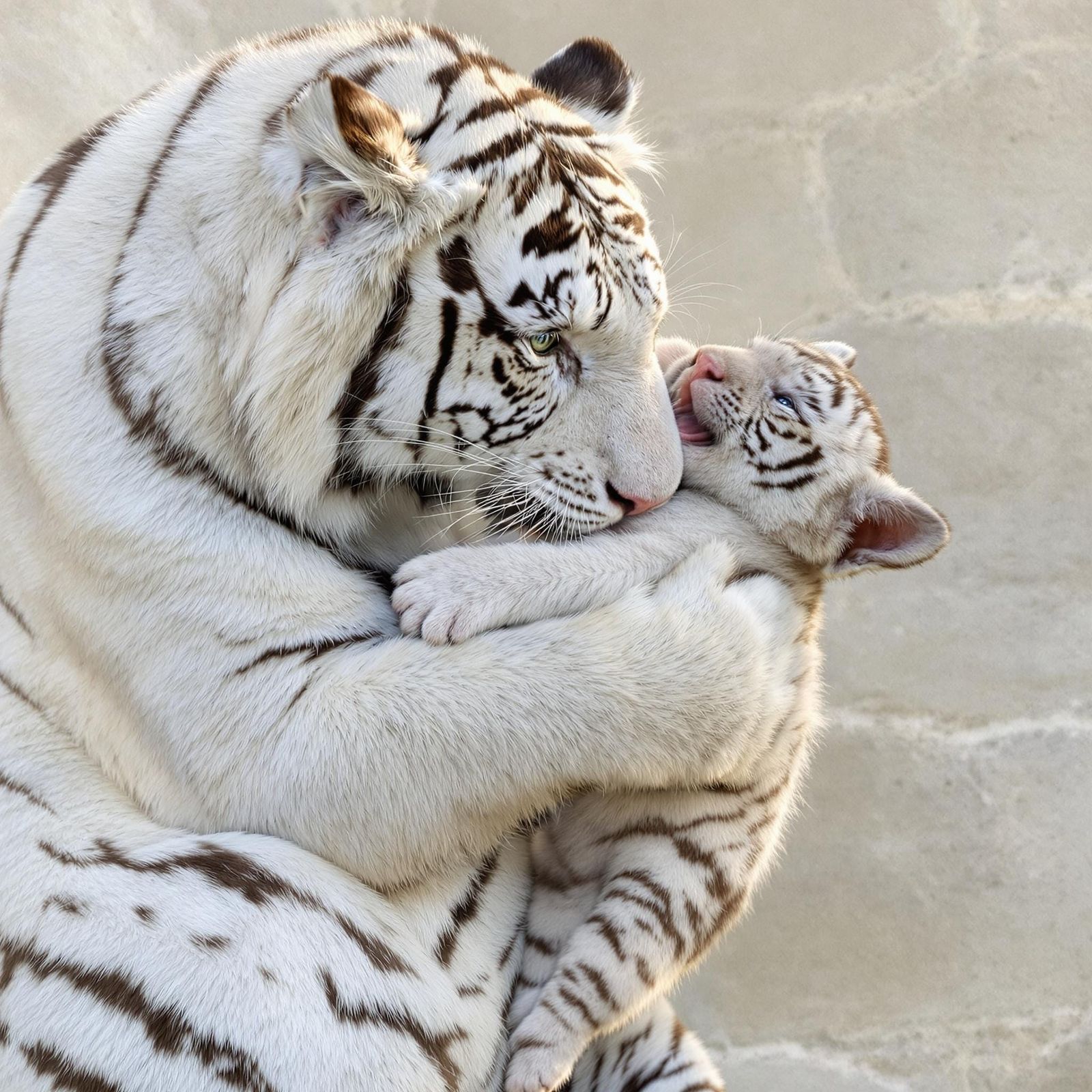 Tender White Tiger Mother and Cub Moment in Nature
