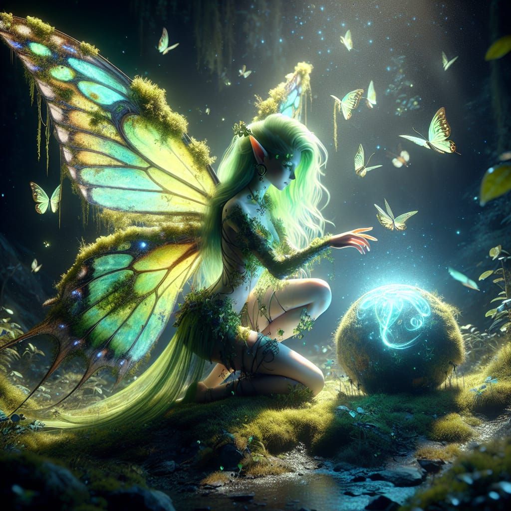 Moss Fairy with Butterfly Wings in Matte Painting Style