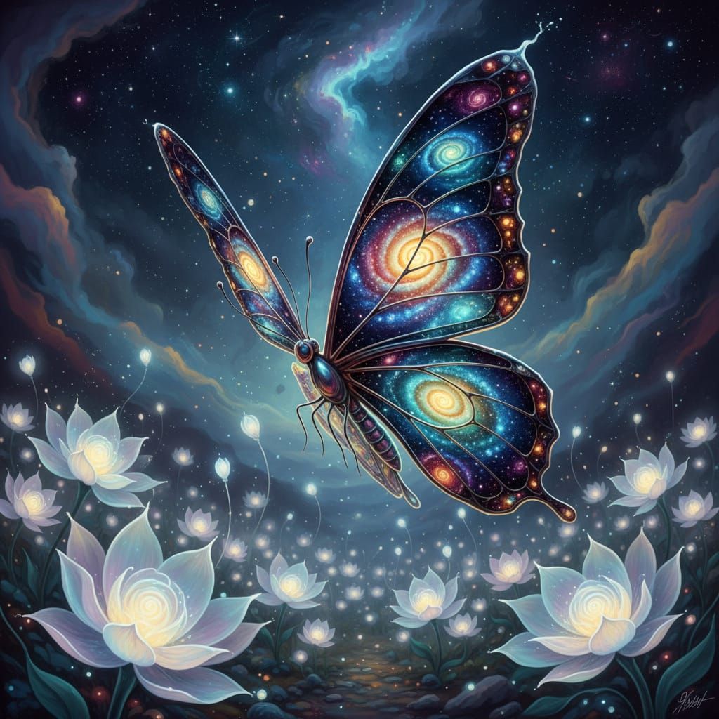 Stained Glass Butterfly Among Cosmic Flowers