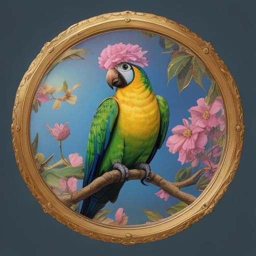 Whimsical Parrot and Cat in Cartoon Fairytale Style