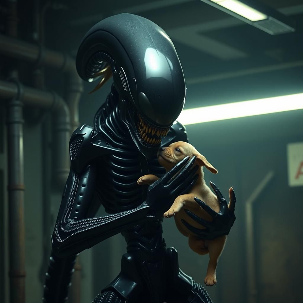 Xenomorph Cradling Puppy in Dark Fantasy Style