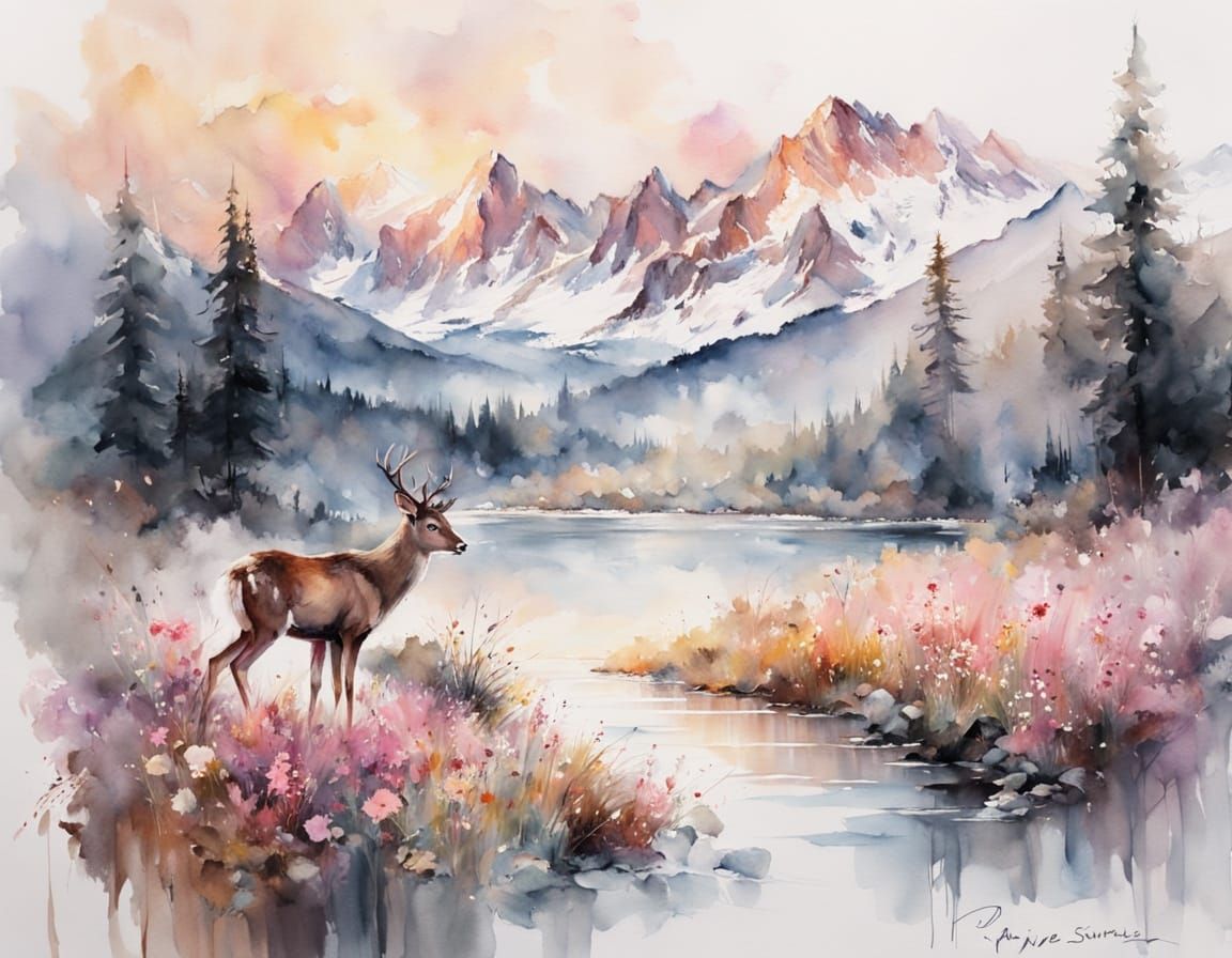 Alpine Sunrise Vista in Neo-Impressionist Watercolor Style