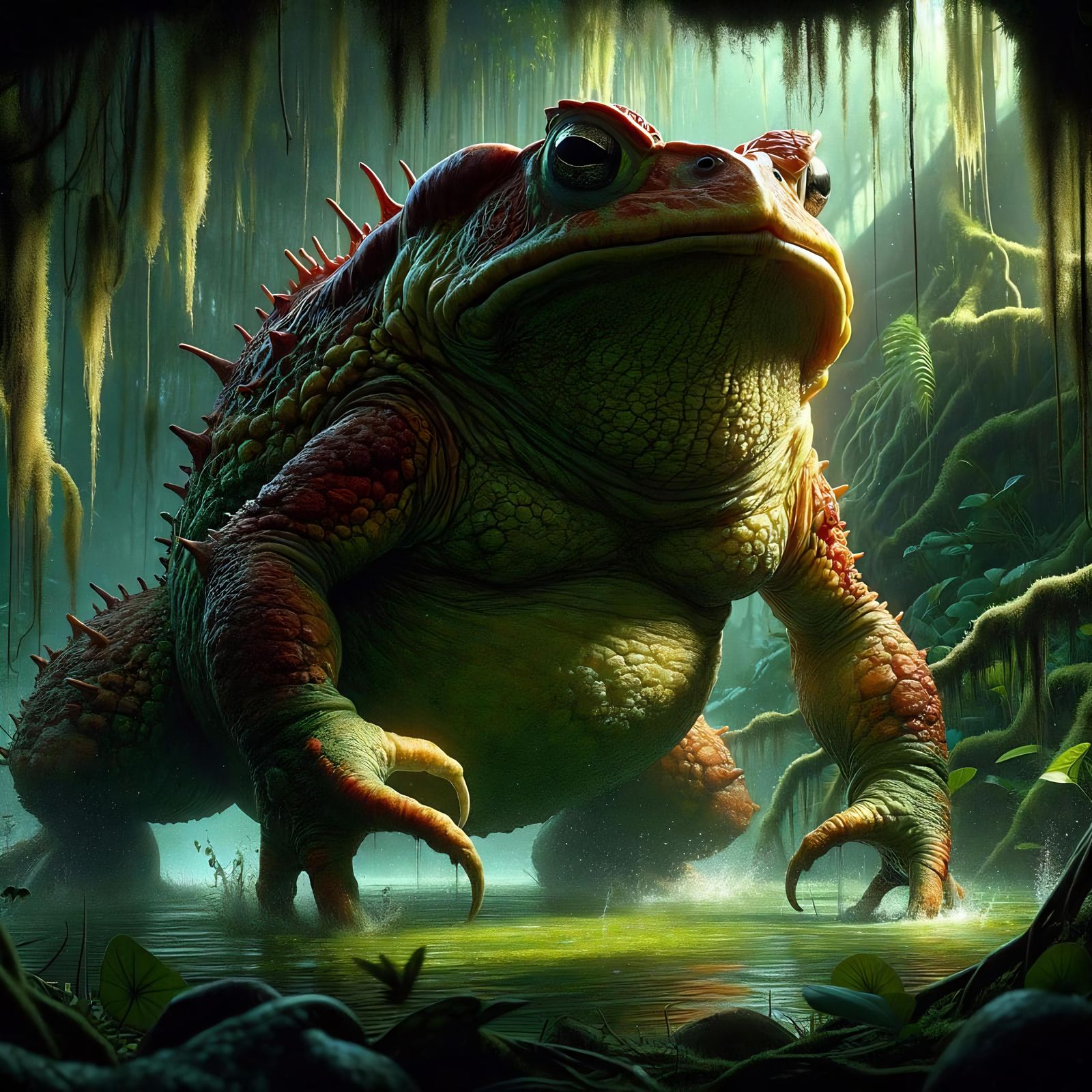 Menacing Dire Toad Leaping in Murky Swamp