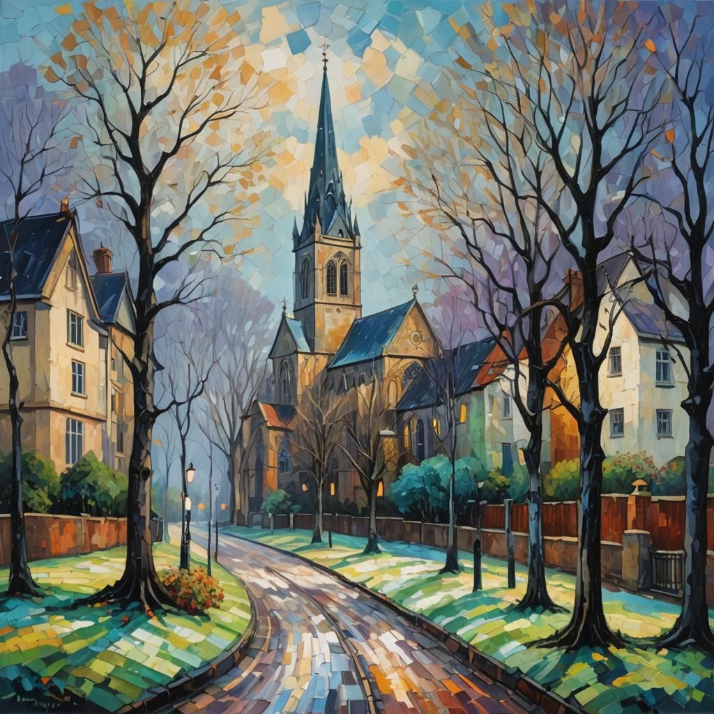 Neo-Impressionist Houses in Fading Light, Impasto Oil Painti...