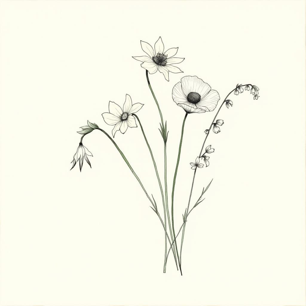 Whimsical Floral Outline Tattoo Design in Folk Art Style