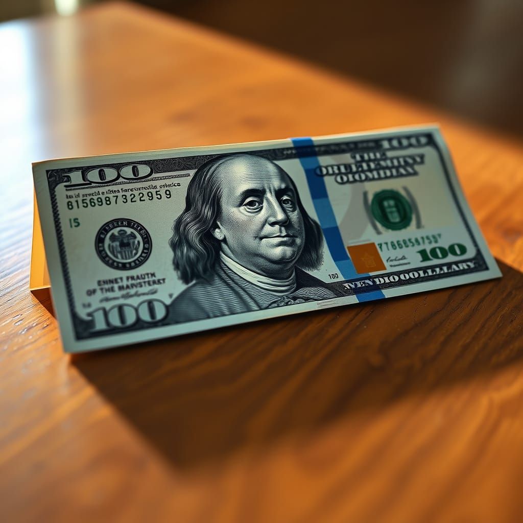 Realistic US 100 Dollar Bill on Wooden Table