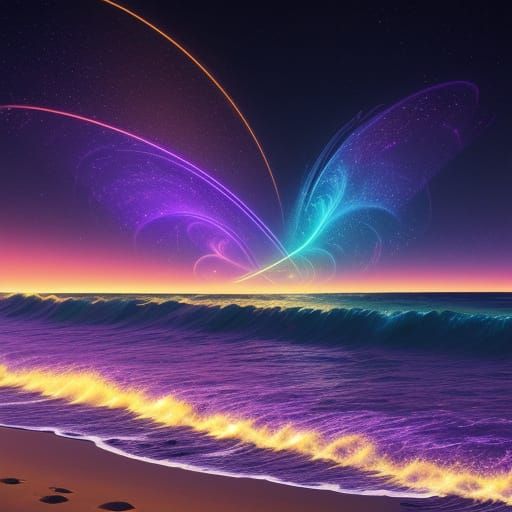 Afrofuturist Beach Scene with Glowing Galactic Light Languag...