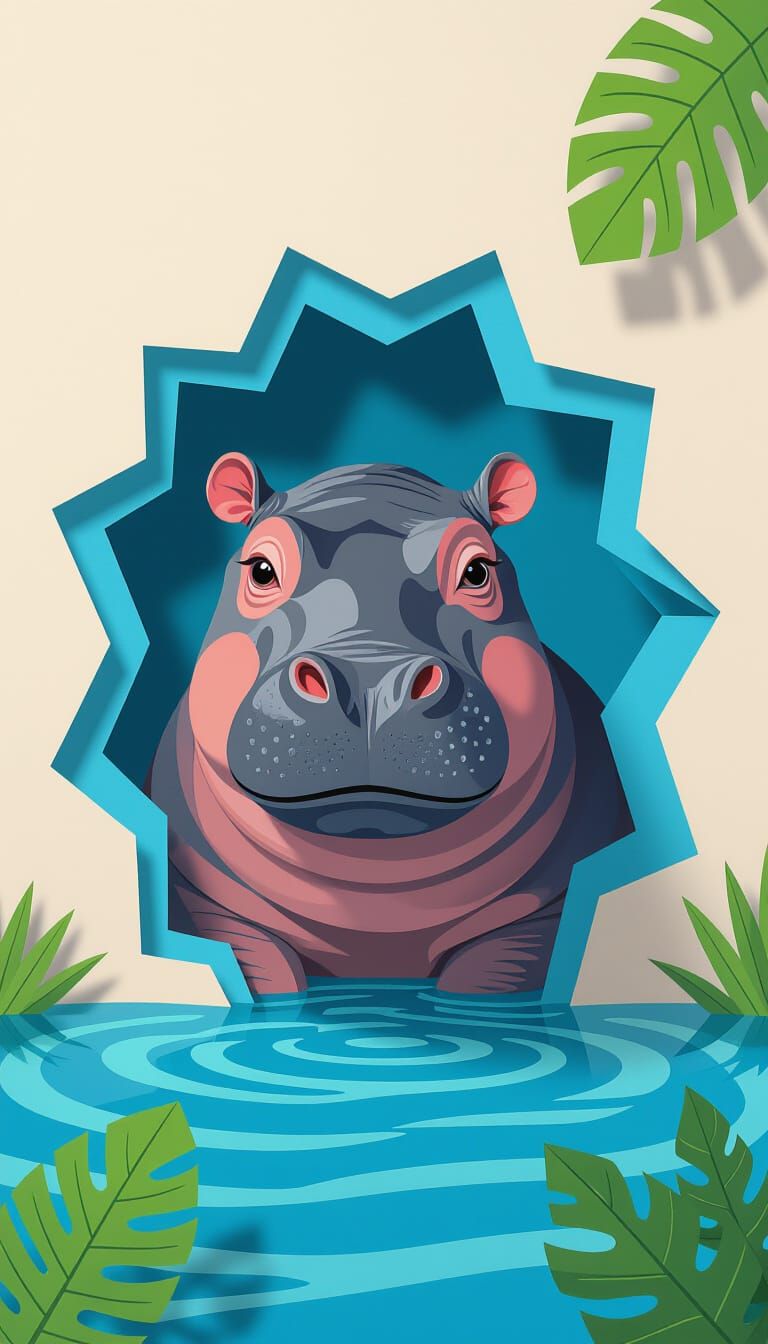 Paper Hippo Peek-a-Boo in Jungle River Diorama