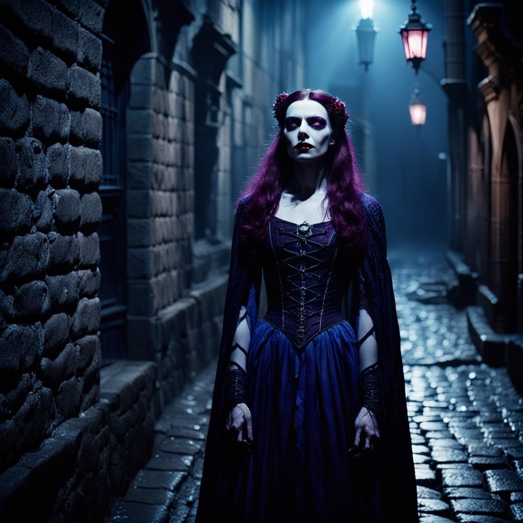 Cinematic Vampire Goddess in Gothic Alley