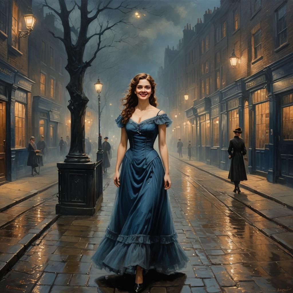 Victorian Woman in Foggy London Alley, Oil Painting