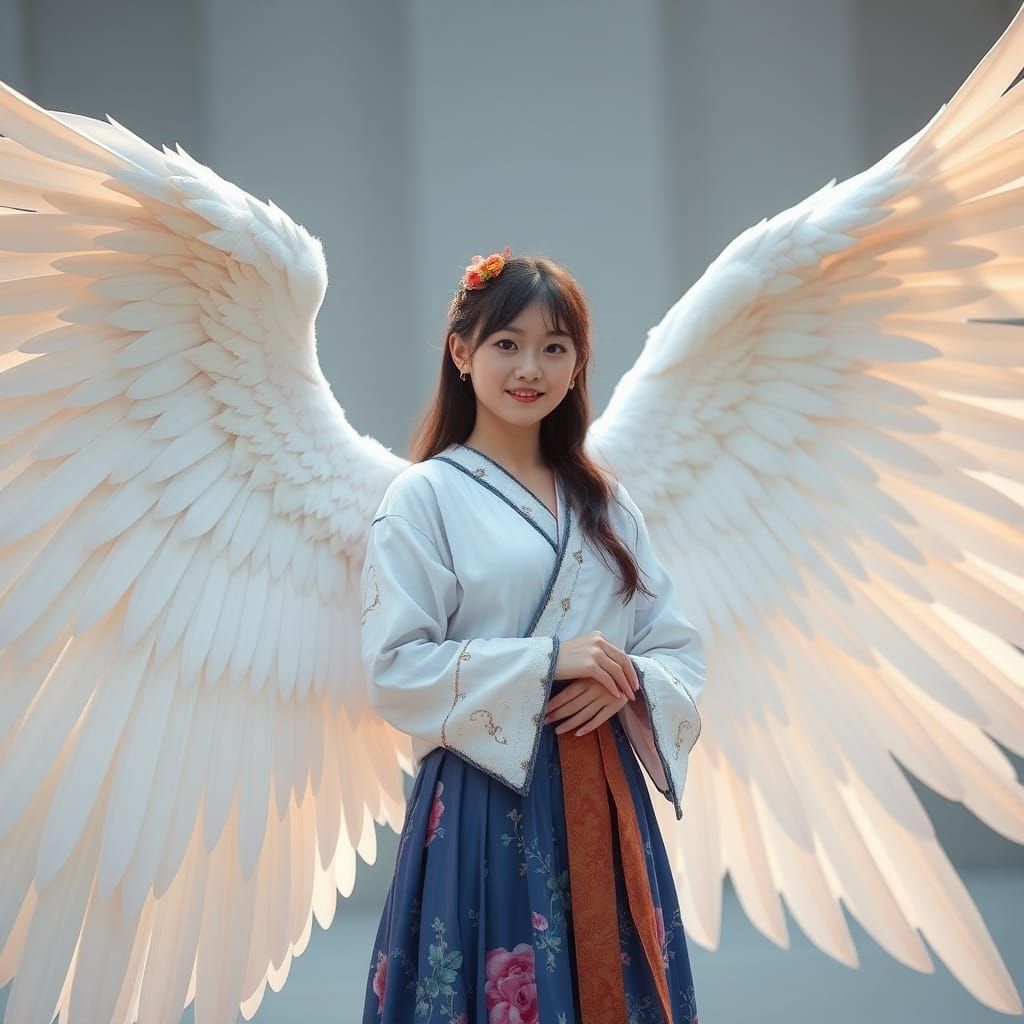 Japanese Girl with Angel Wings: Digital Art