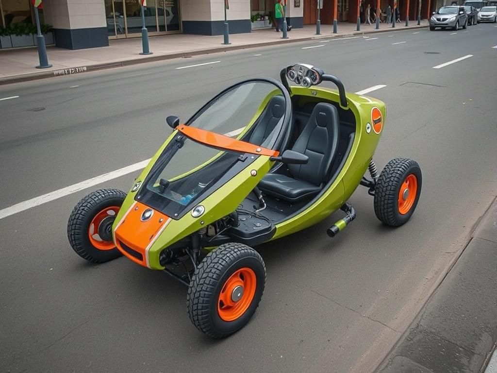 Retro-Futuristic Bubble Car in Cyberpunk Setting