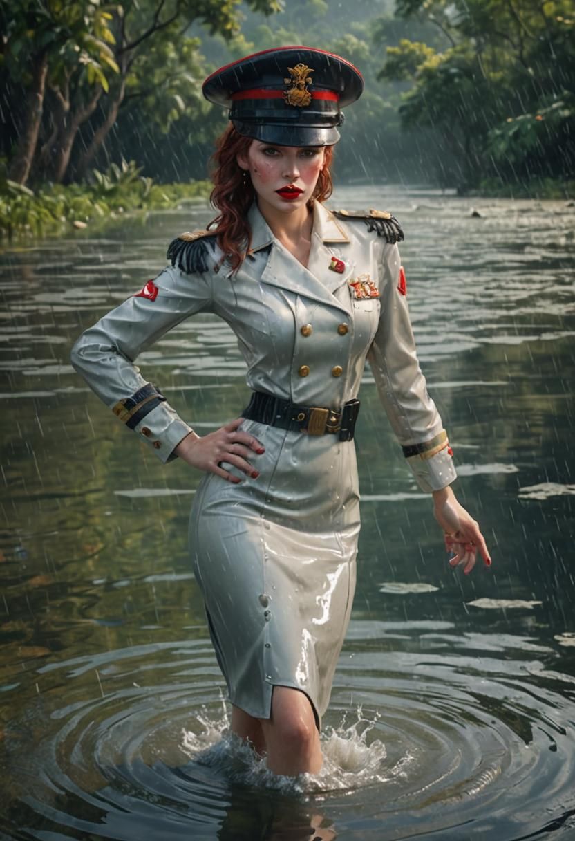 Glamorous Woman in Wet Military Uniform