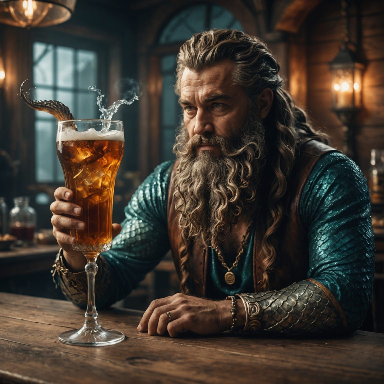 Poseidon Mermaid in Dimly Lit Cinematic Scene