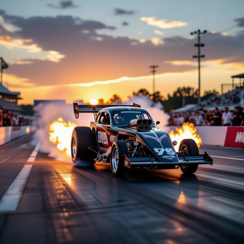 Funny Car Roars Down Drag Strip in Sunset Glow