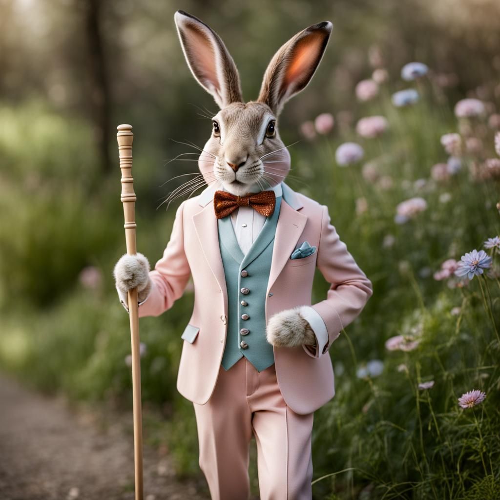hare wearing a pastel suit while holding a walking cane