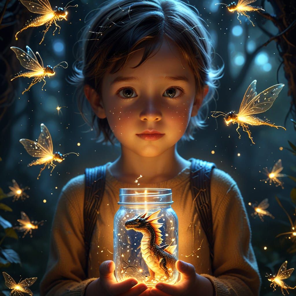 Luminous Firefly Dragon Stares at Child: Surreal Macro