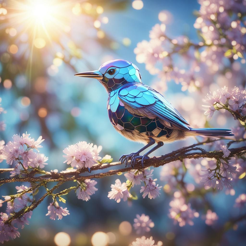 Iridescent Bird on Blooming Branch in Sci-Fi Style