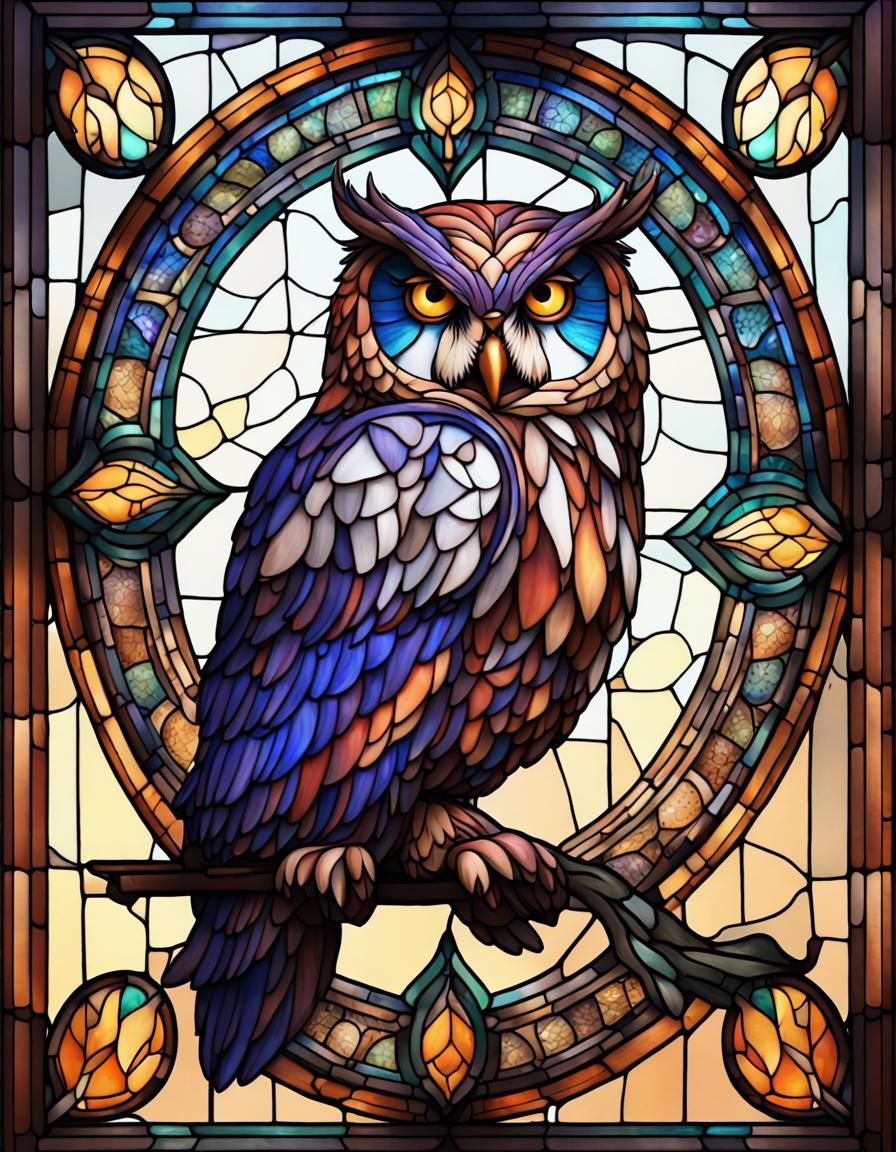 Stained Glass Owl in Detailed Matte Painting