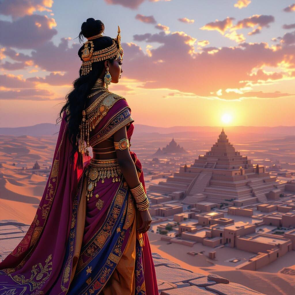 A regal Nubian queen stands atop a towering ziggurat, overlo...