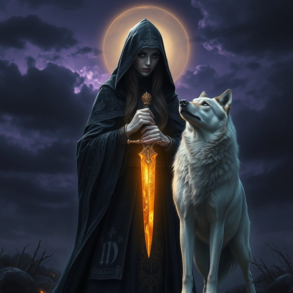 Dark Fantasy Sorceress with Majestic Wolf