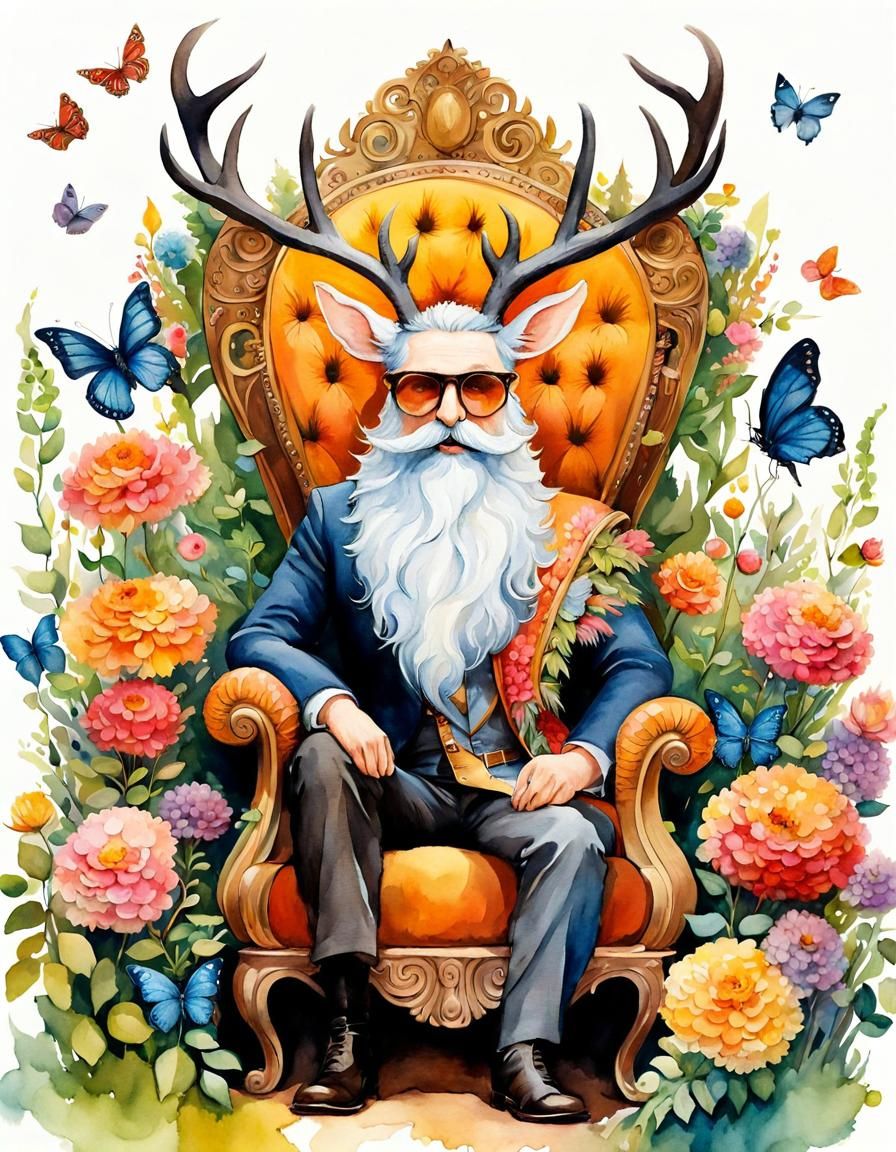 Cheerful Mythical Man on Floral Throne, Watercolor Style