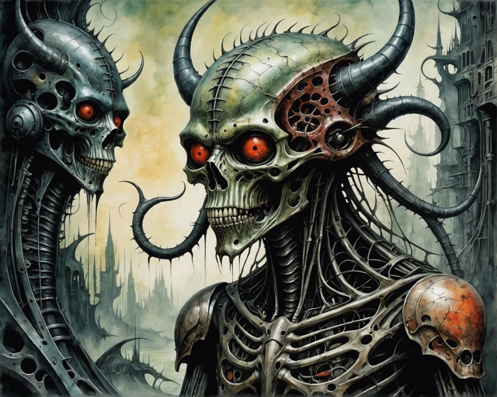 Biomechanical Demons in Vivid Watercolor Fantasy Art