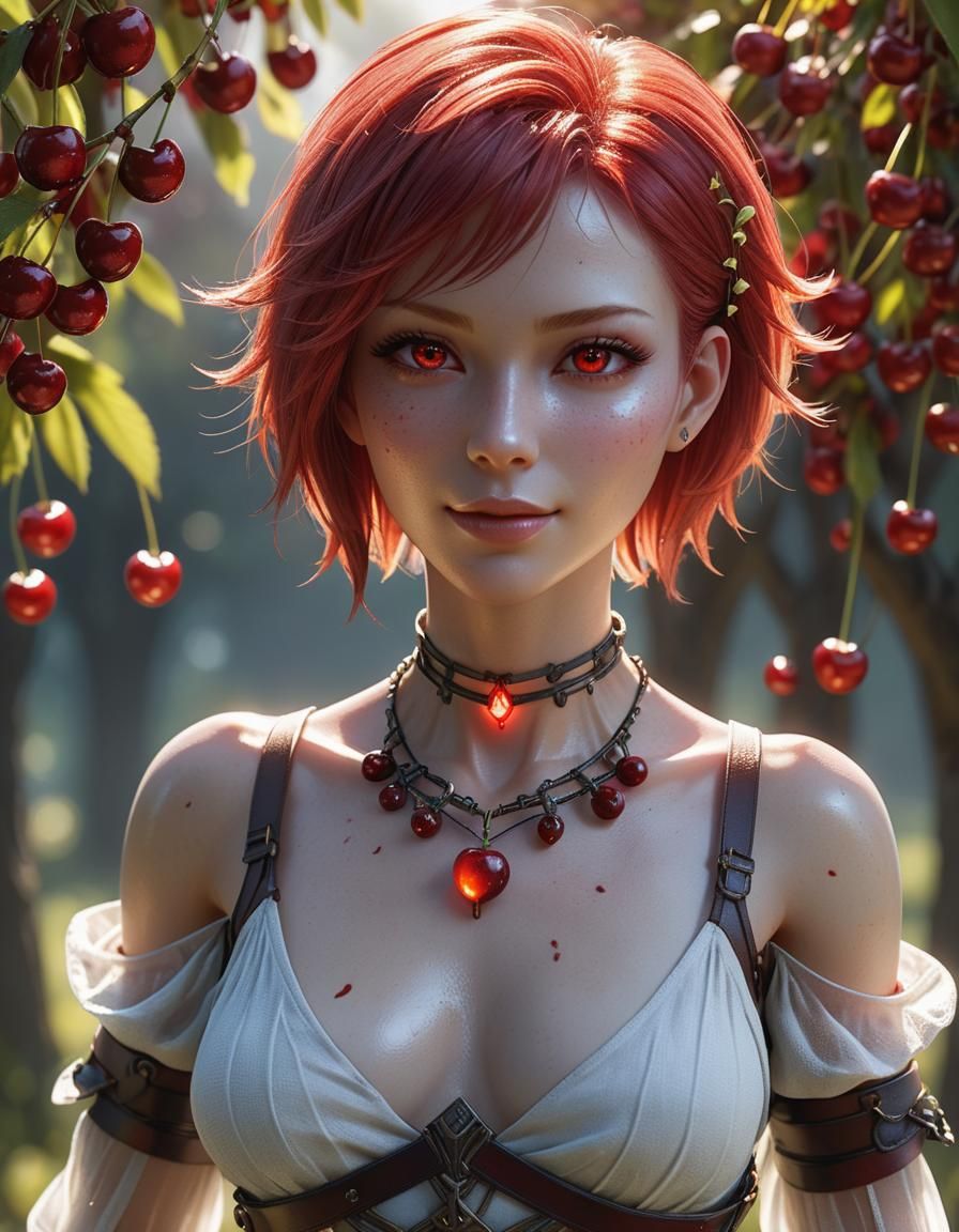 Hyperrealistic Cherry Woman in Fantasy Art Style