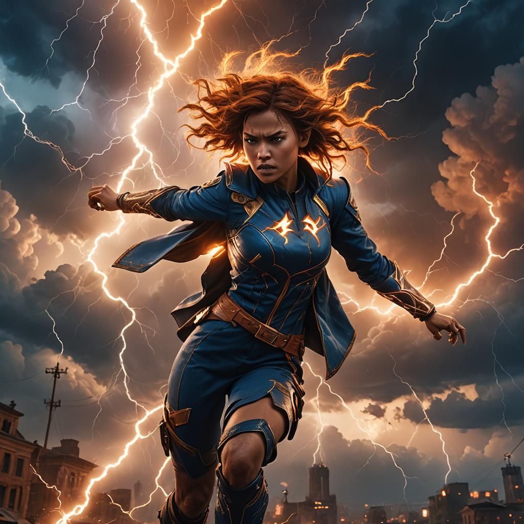 Girl Controls Lightning in a Fantasy Landscape