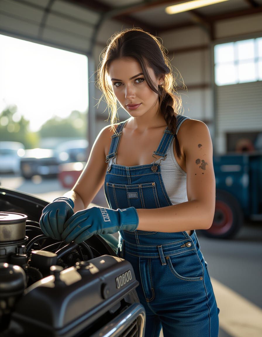 Gorgeous Mechanic Woman Repairs Vintage Car in Garage