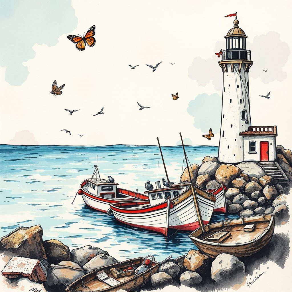 Coastal Fishing Boats with Lighthouse in Rustic Ink