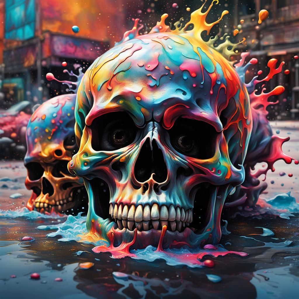 Hyperrealistic Skull Car in Colorful Street Art Style