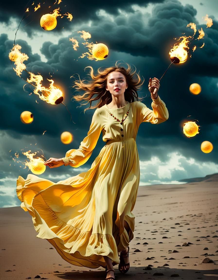 Woman Plays with Fire on Stormy Beach, Vintage Photo