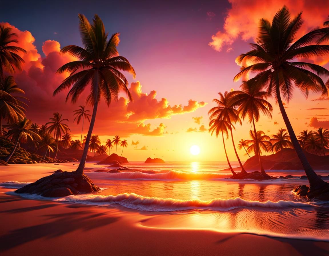Caribbean Beach Sunset in Detailed Matte Painting