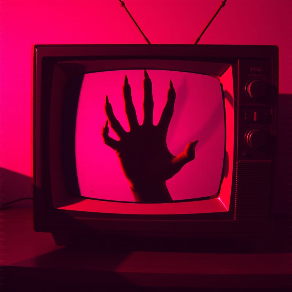 Surrealistic Horror: Clawed Hand Emerges from Glitched TV
