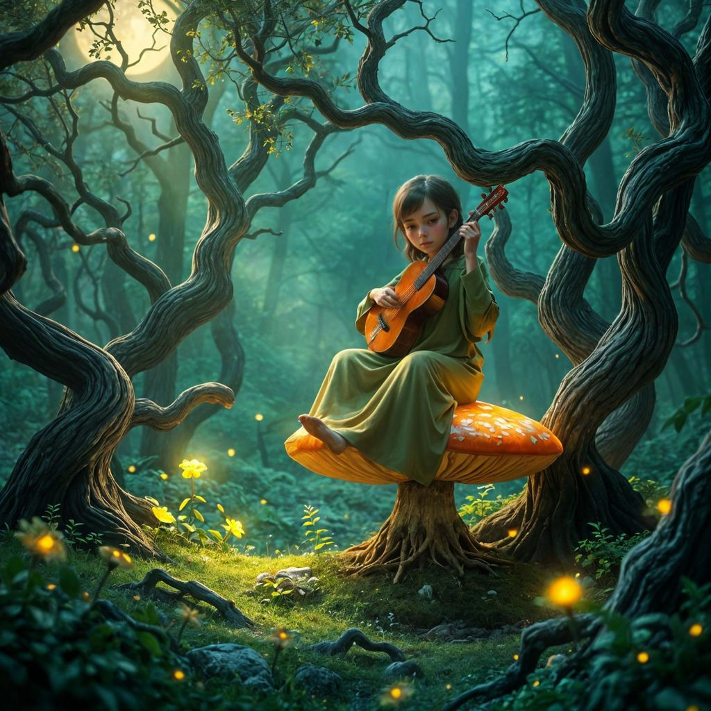 Melancholy Lute Player in Glowing Forest