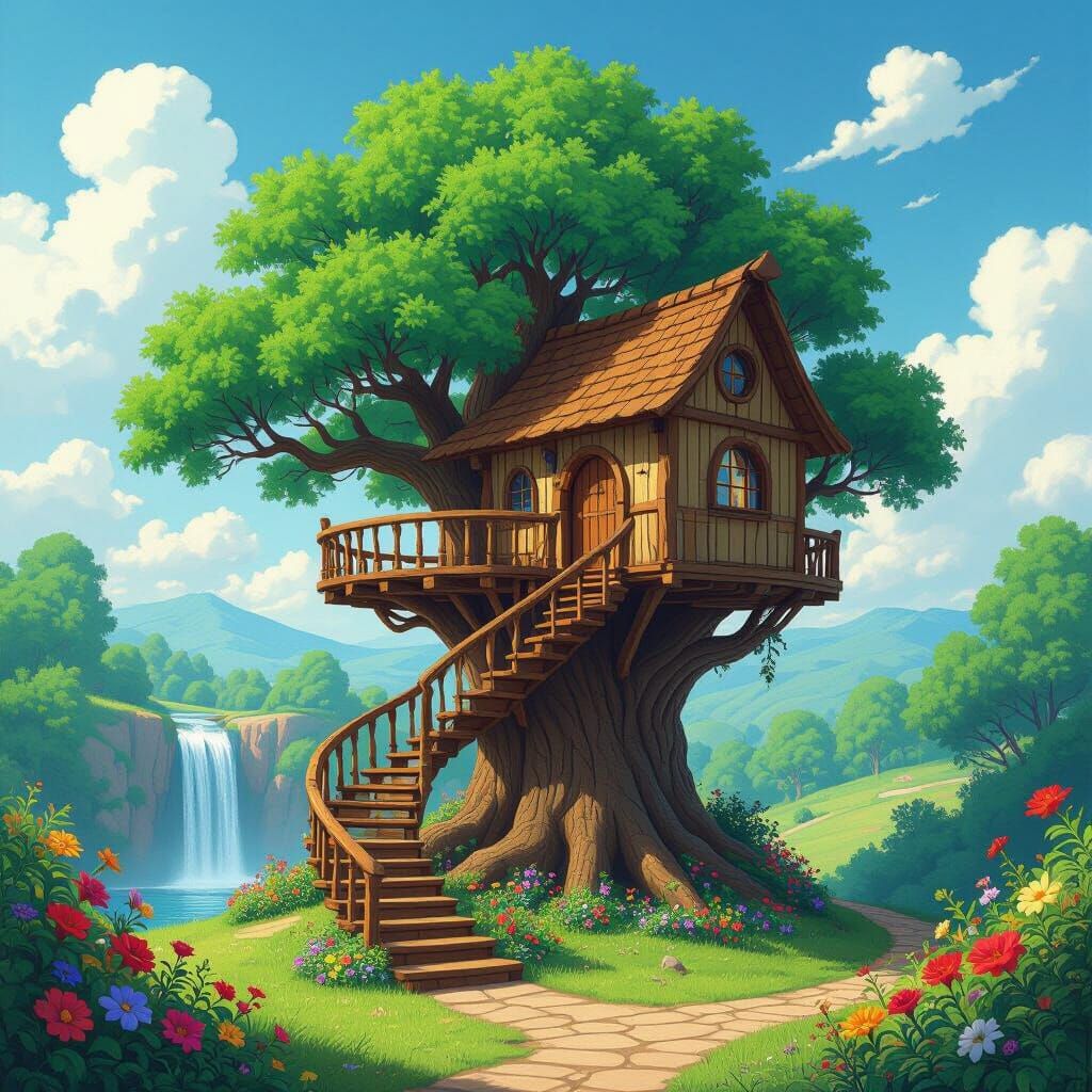 Enchanted Treehouse Landscape in Whimsical Style
