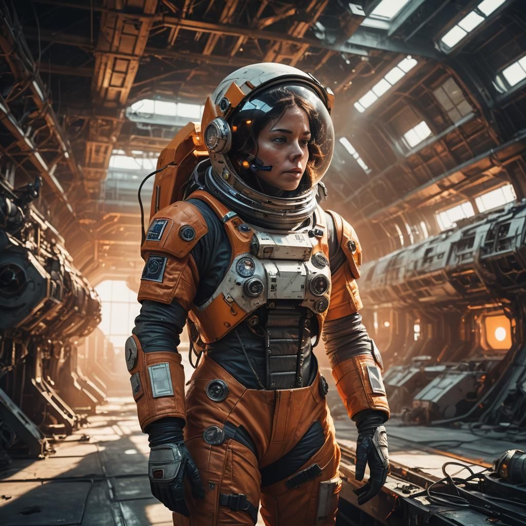 Astronaut Repairs Spaceship Hangar in Industrial Sci-Fi Styl...