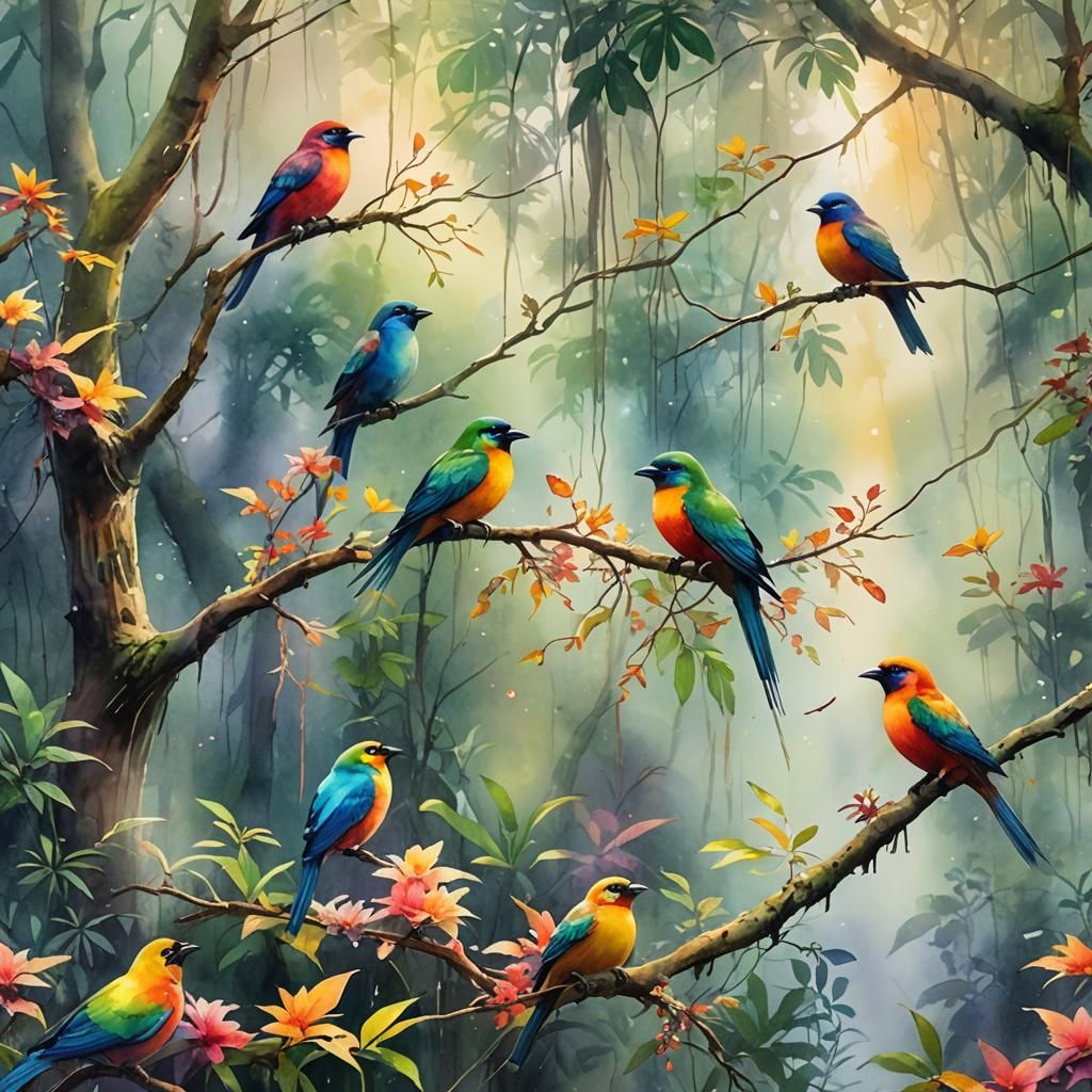 Rainbow Birds in Misty Rainforest, Watercolor Art