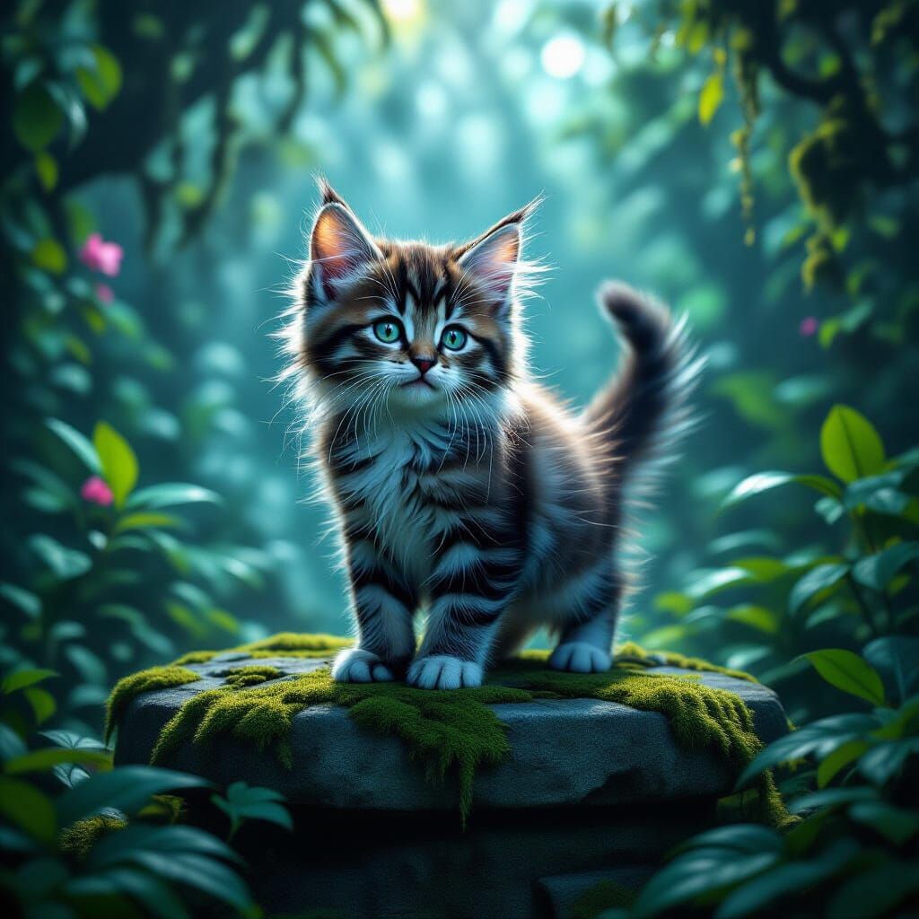 Nebula Kitten on Ancient Altar in Mystical Jungle