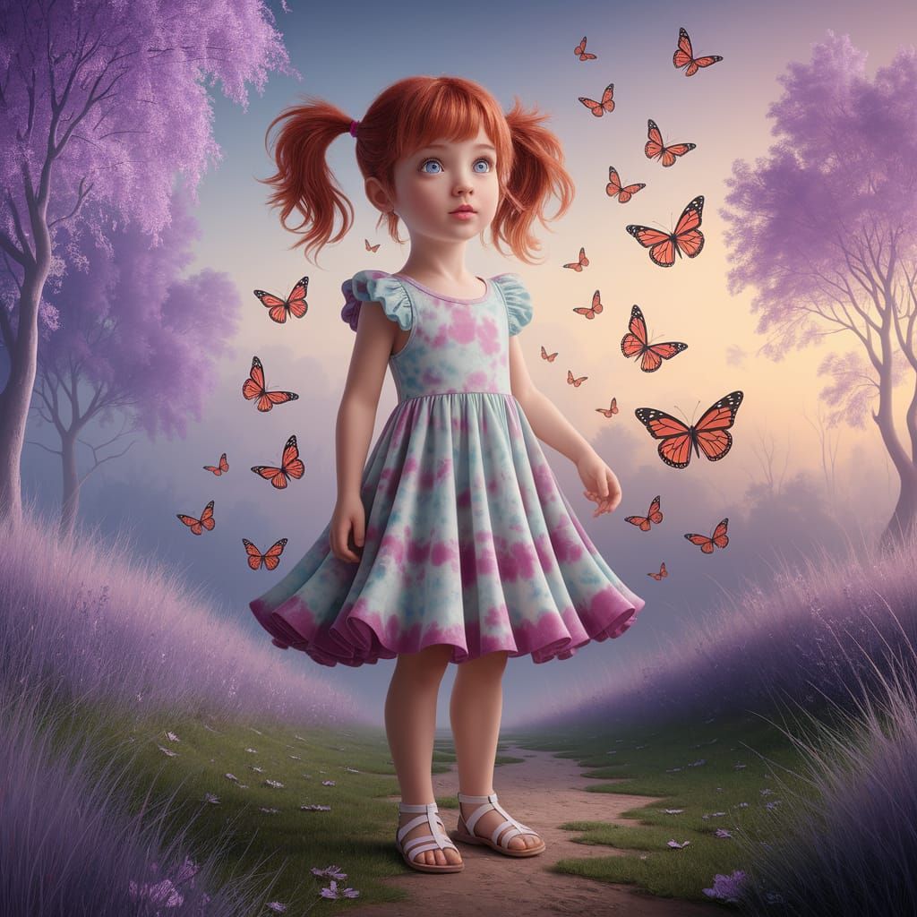 Girl with Butterflies in Ethereal Fantasy Landscape
