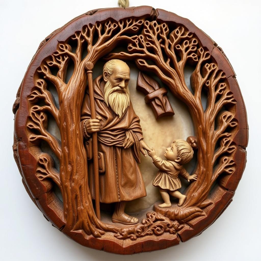 Walnut Carving Reveals Grandfather and Grandson