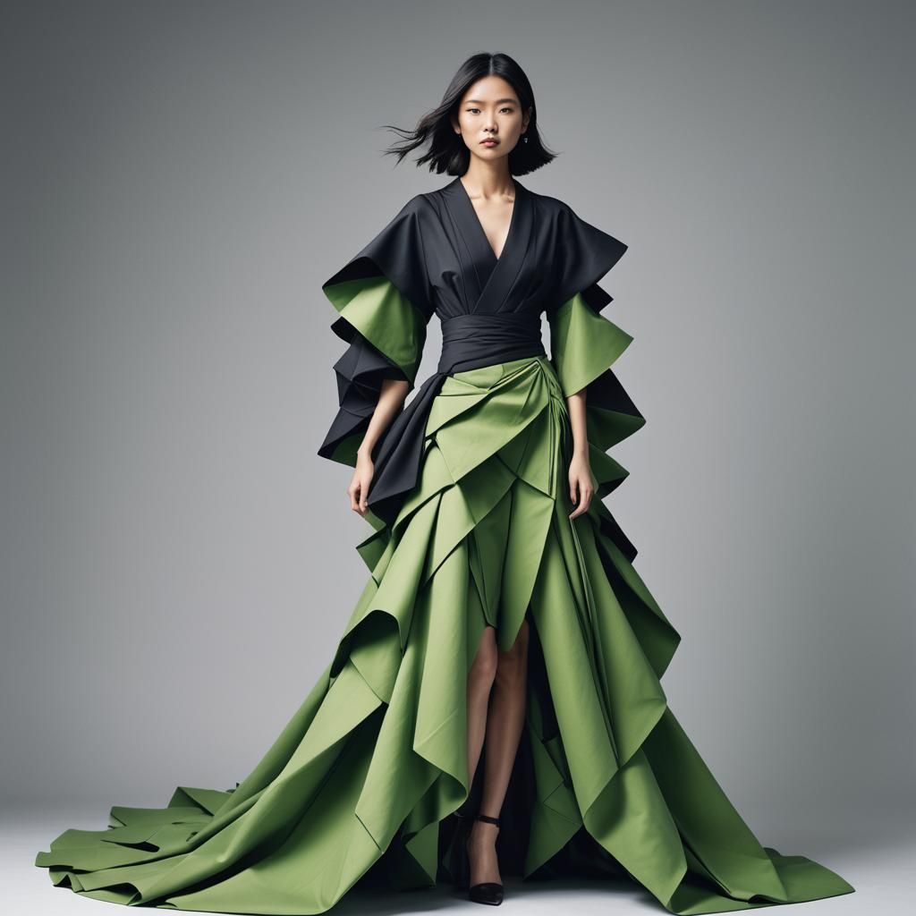 Japanese model donning an avant-garde ensemble. The attire, inspired by the precise folds of Ori...