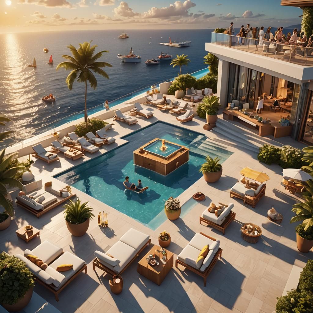 Seaside Villa Pool Party in 3D Digital Art