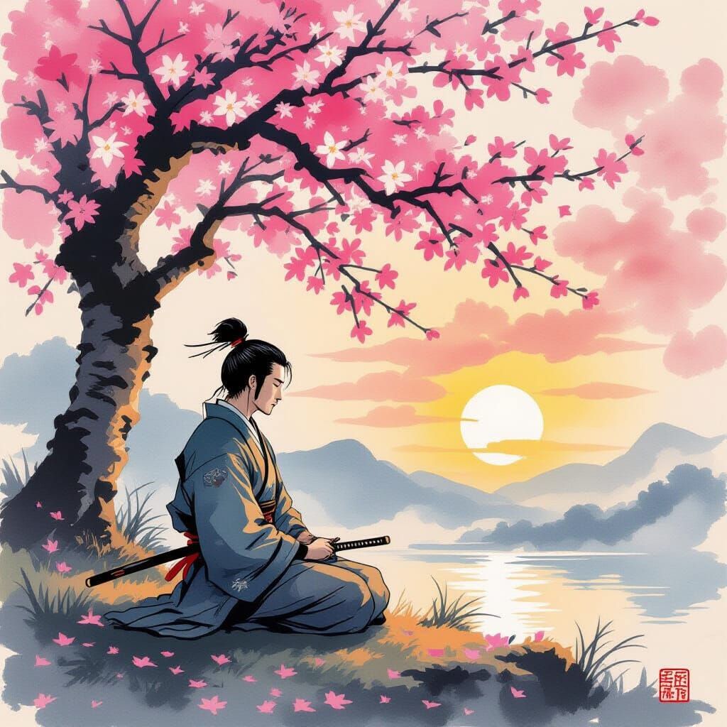 Samurai Meditating Under Cherry Blossoms at Sunset