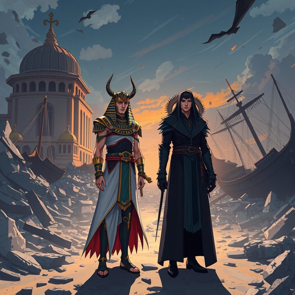 Thoth and Sephiroth Amidst Ruined Oslo in Vibrant Manga-Insp...