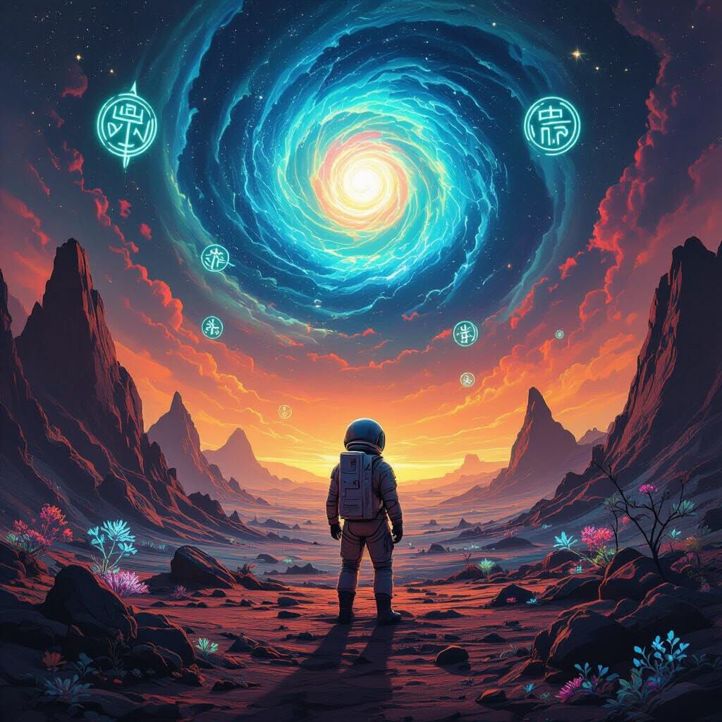 Astronaut Gazes at Cosmic Vortex on Alien Planet