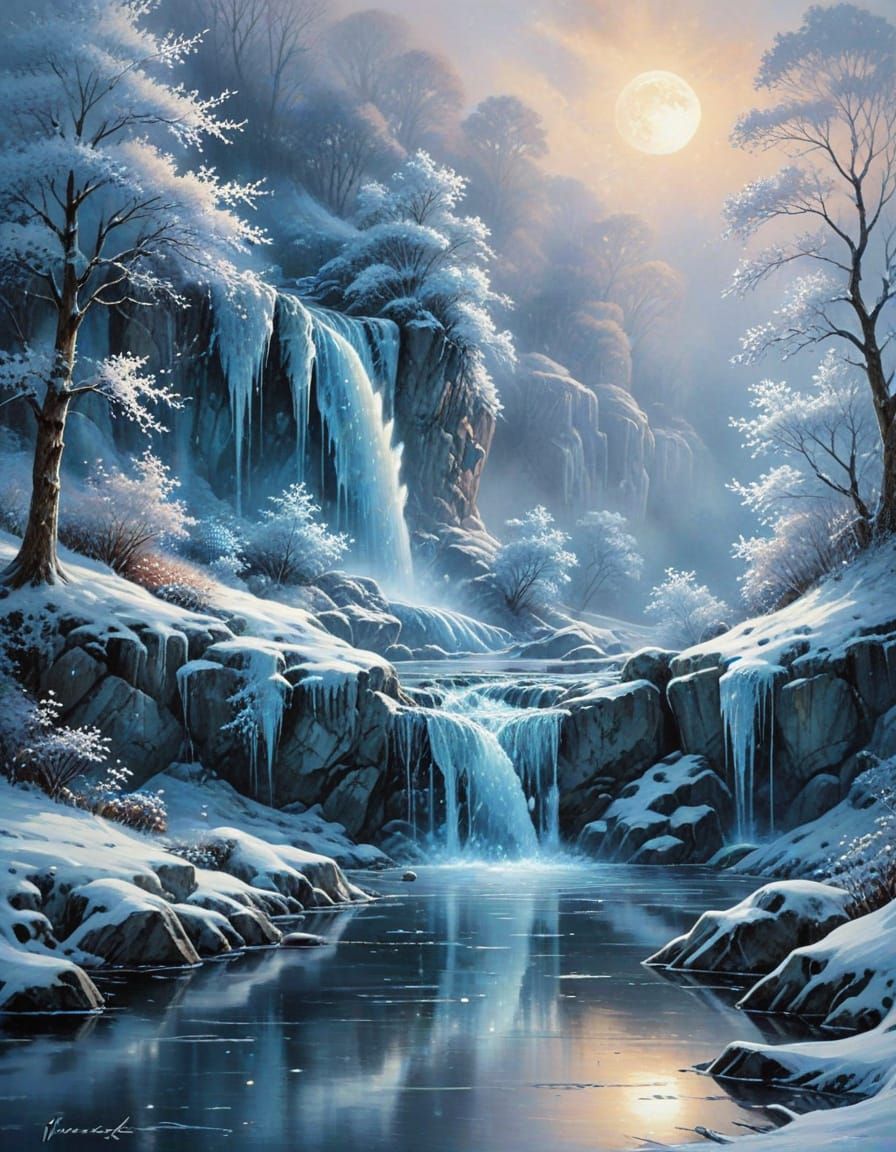 Frozen Waterfall Reflecting Pale Moonlit Pond