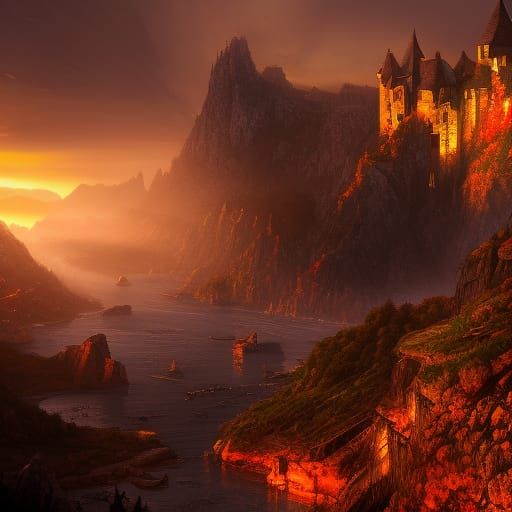 Medieval Castle Sunset Landscape in Matte Painting Style