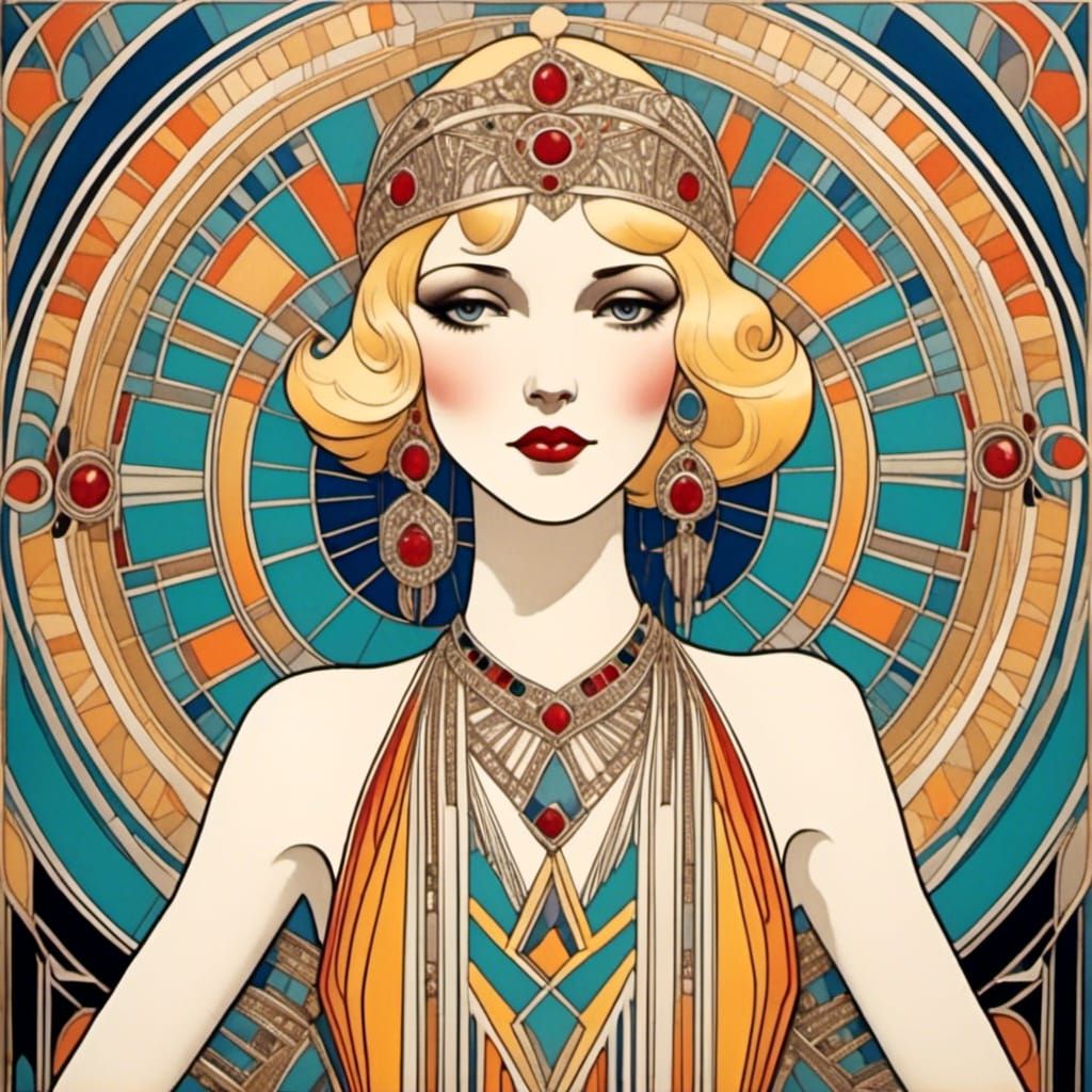 Art Deco Princess with Golden Crown and Jewels